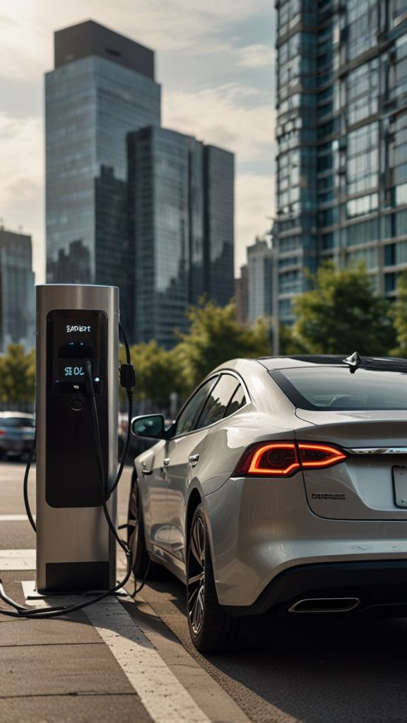 Vehículo eléctrico conectado a una estación de carga rápida mientras recarga su batería en un punto de carga moderno.