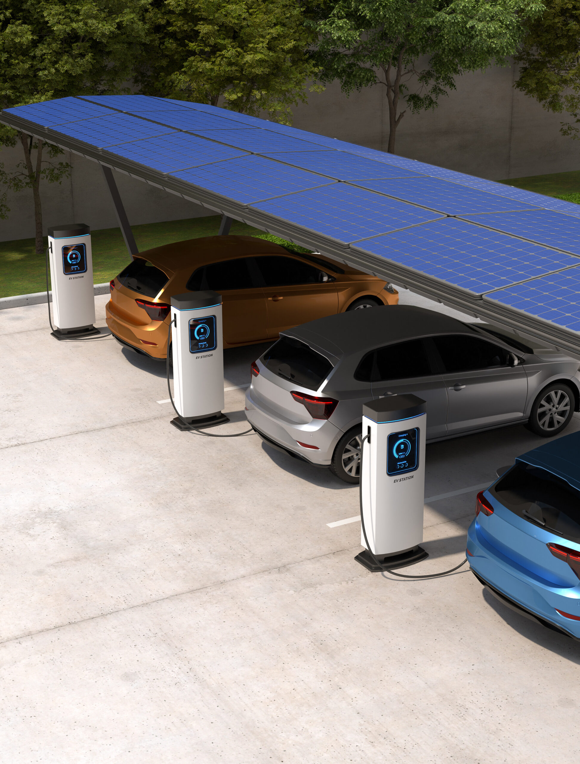 Vehículo eléctrico conectado a una estación de carga rápida mientras recarga su batería en un punto de carga moderno.